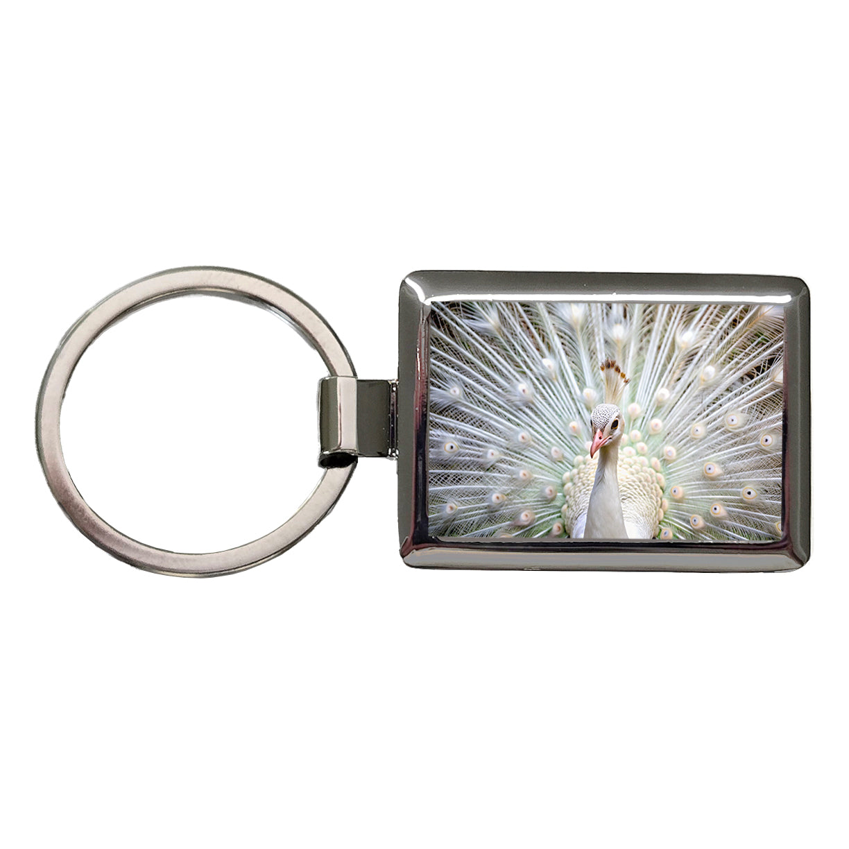 White Peacock Rectangle Metal Keychain