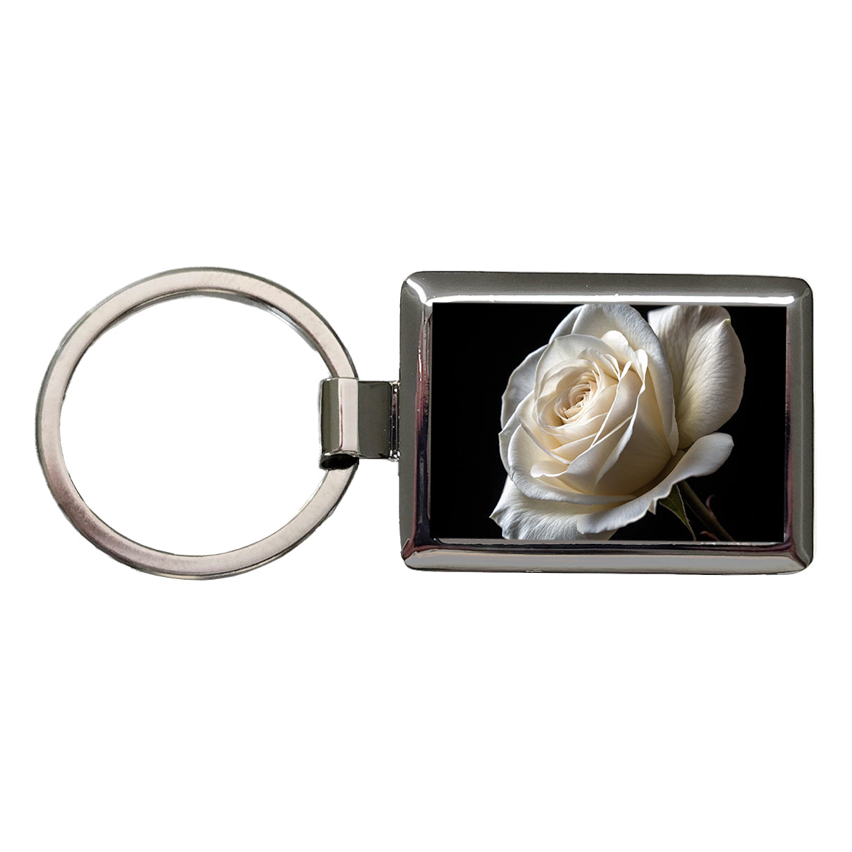 White Rose Rectangle Metal Keychain