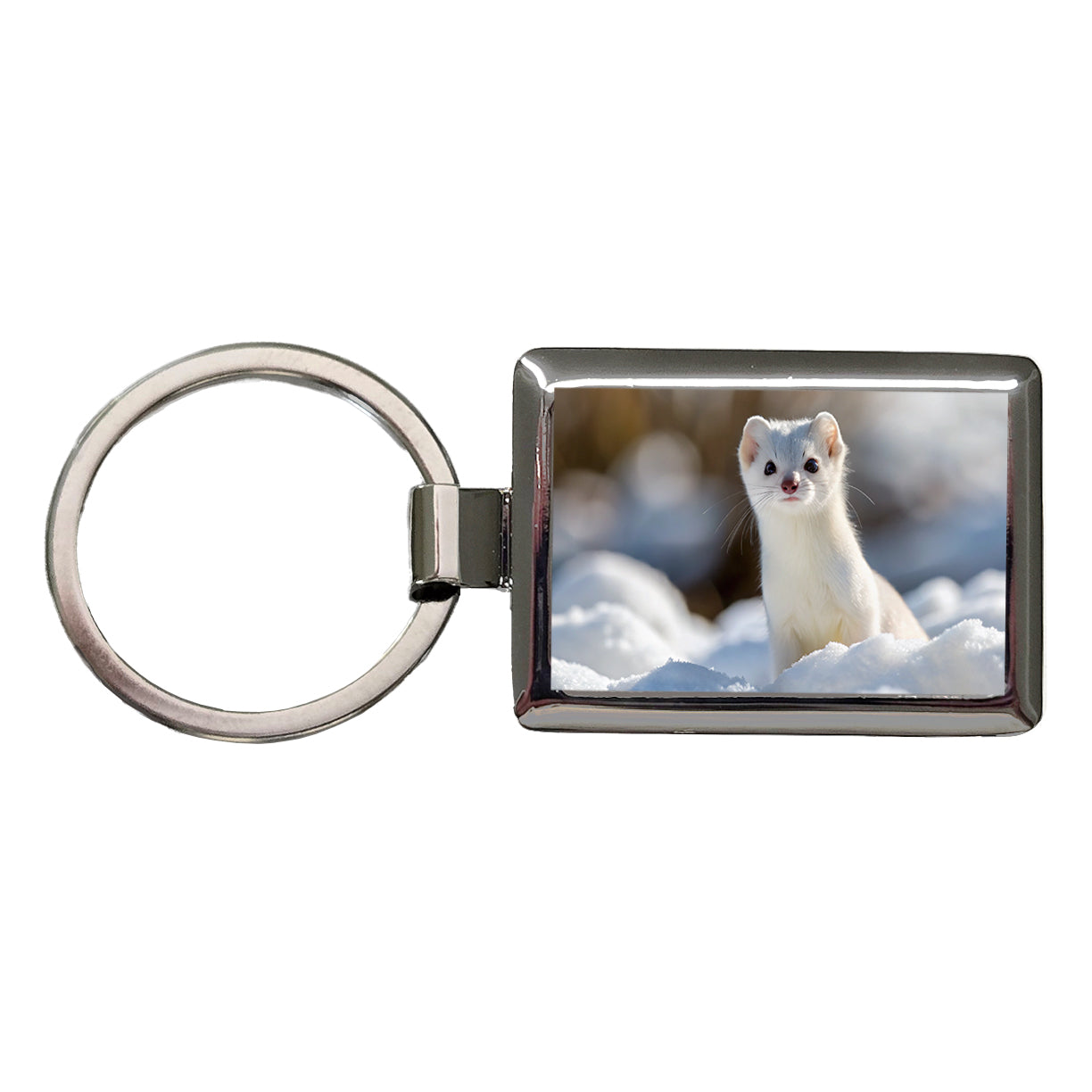 White Stoat Ermine In Snow Rectangle Metal Keychain