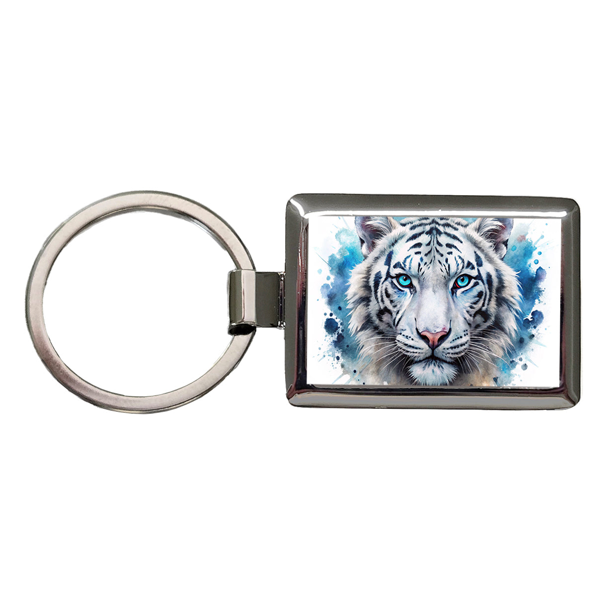 White Tiger Face Watercolor Rectangle Metal Keychain