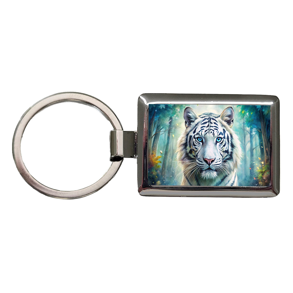 White Tiger In Forest Watercolor Rectangle Metal Keychain