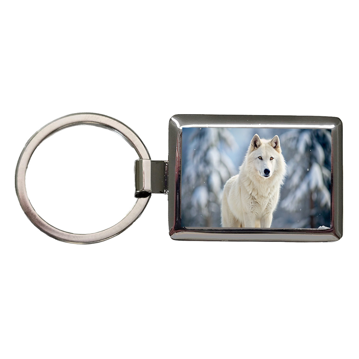 White Wolf In The Snow Rectangle Metal Keychain