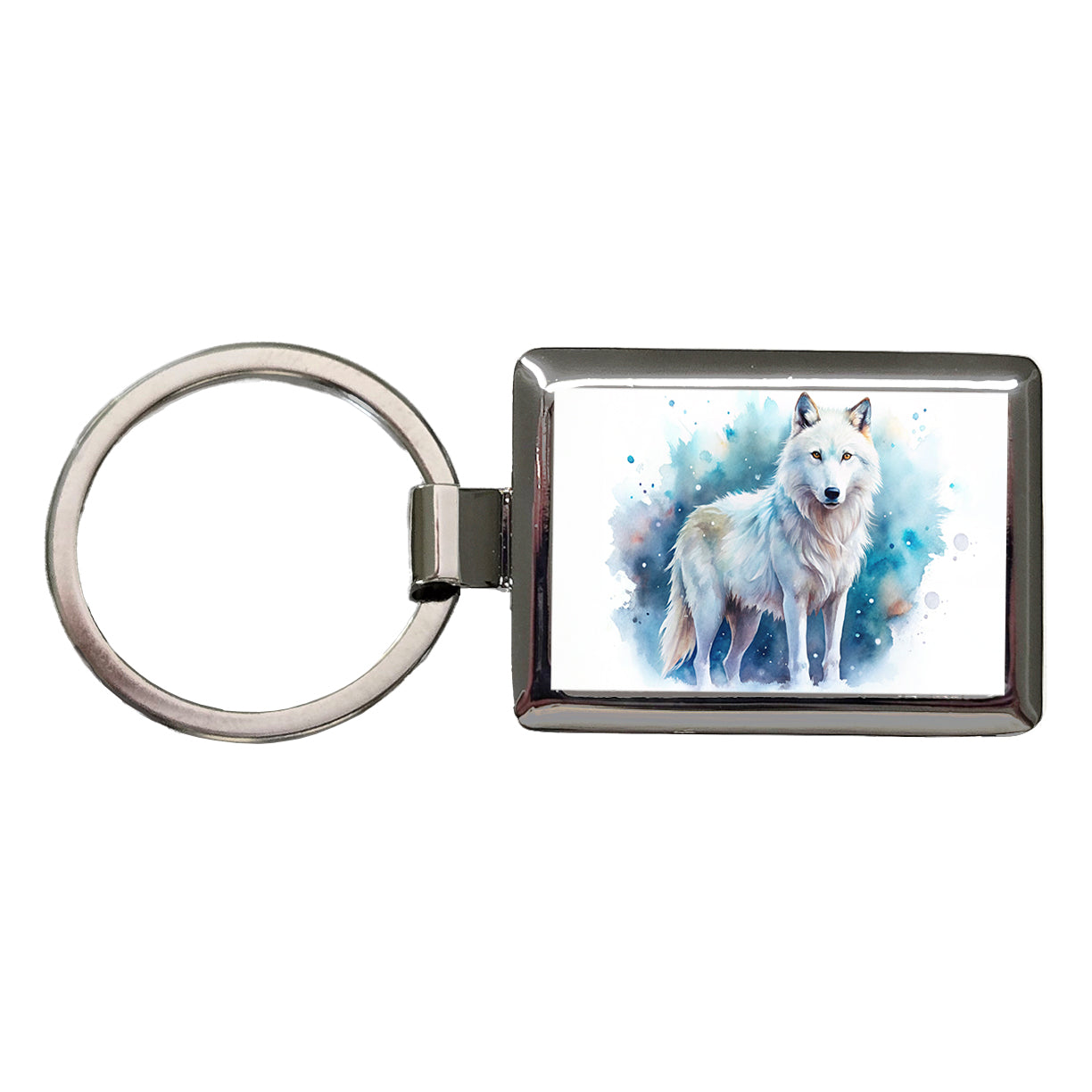 White Wolf Watercolor Rectangle Metal Keychain