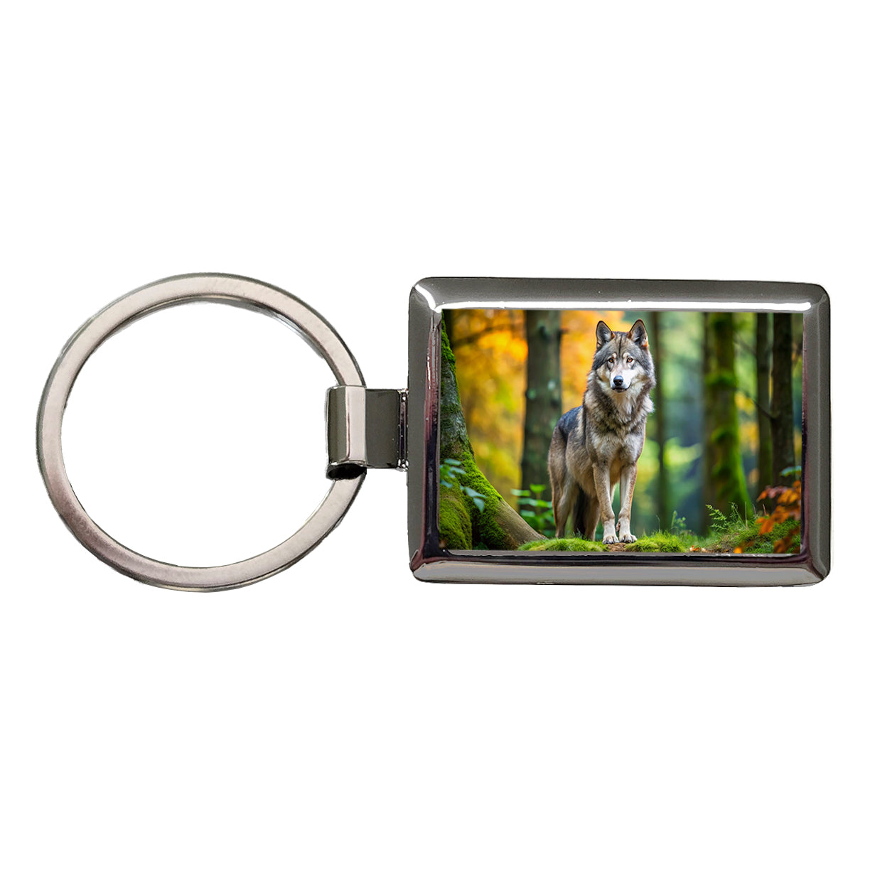Wolf In The Forest Rectangle Metal Keychain