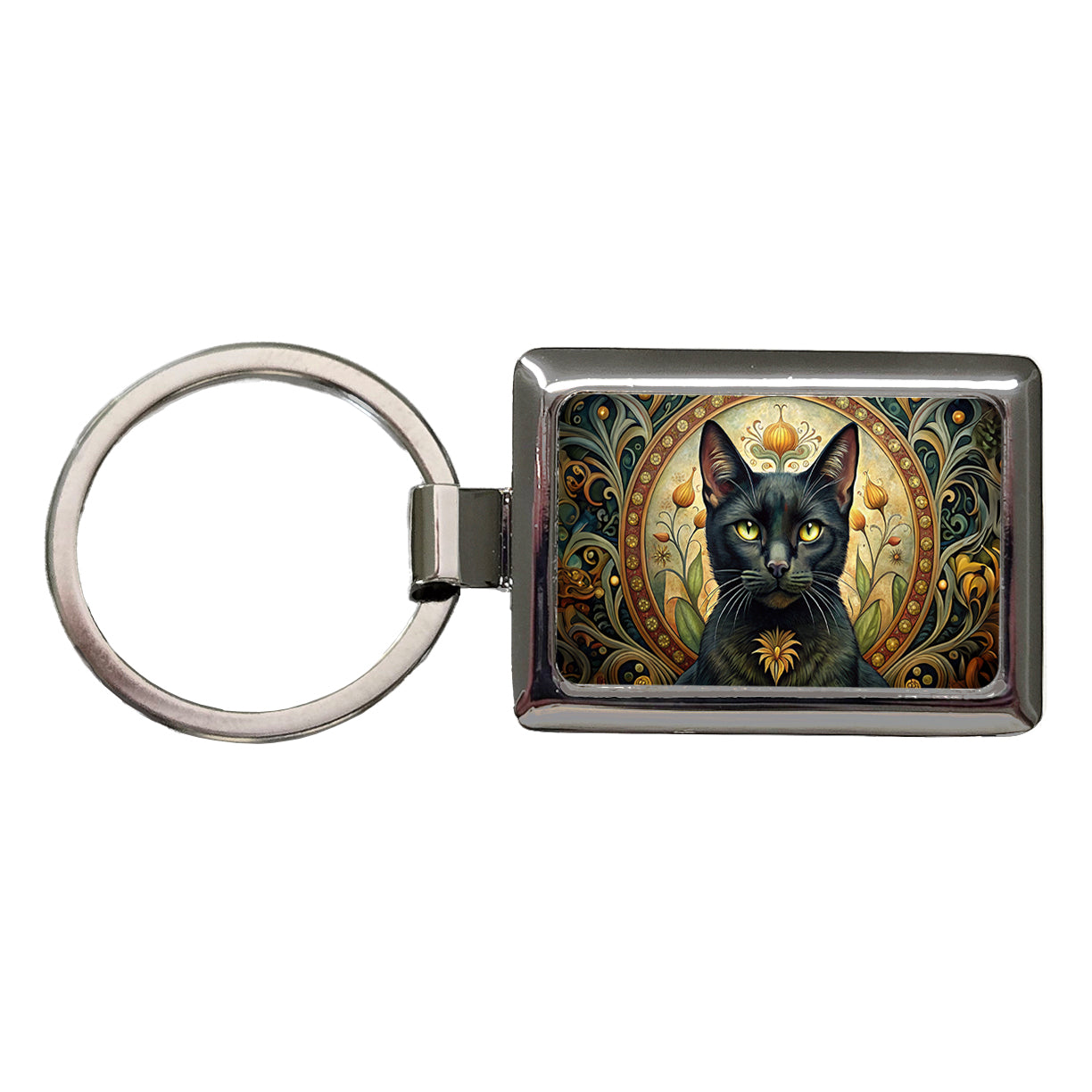 Black Cat Art Nouveau Rectangle Metal Keychain