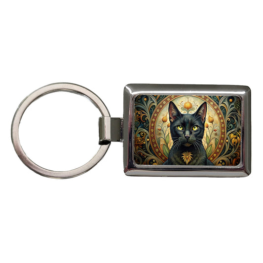 Black Cat Art Nouveau Rectangle Metal Keychain