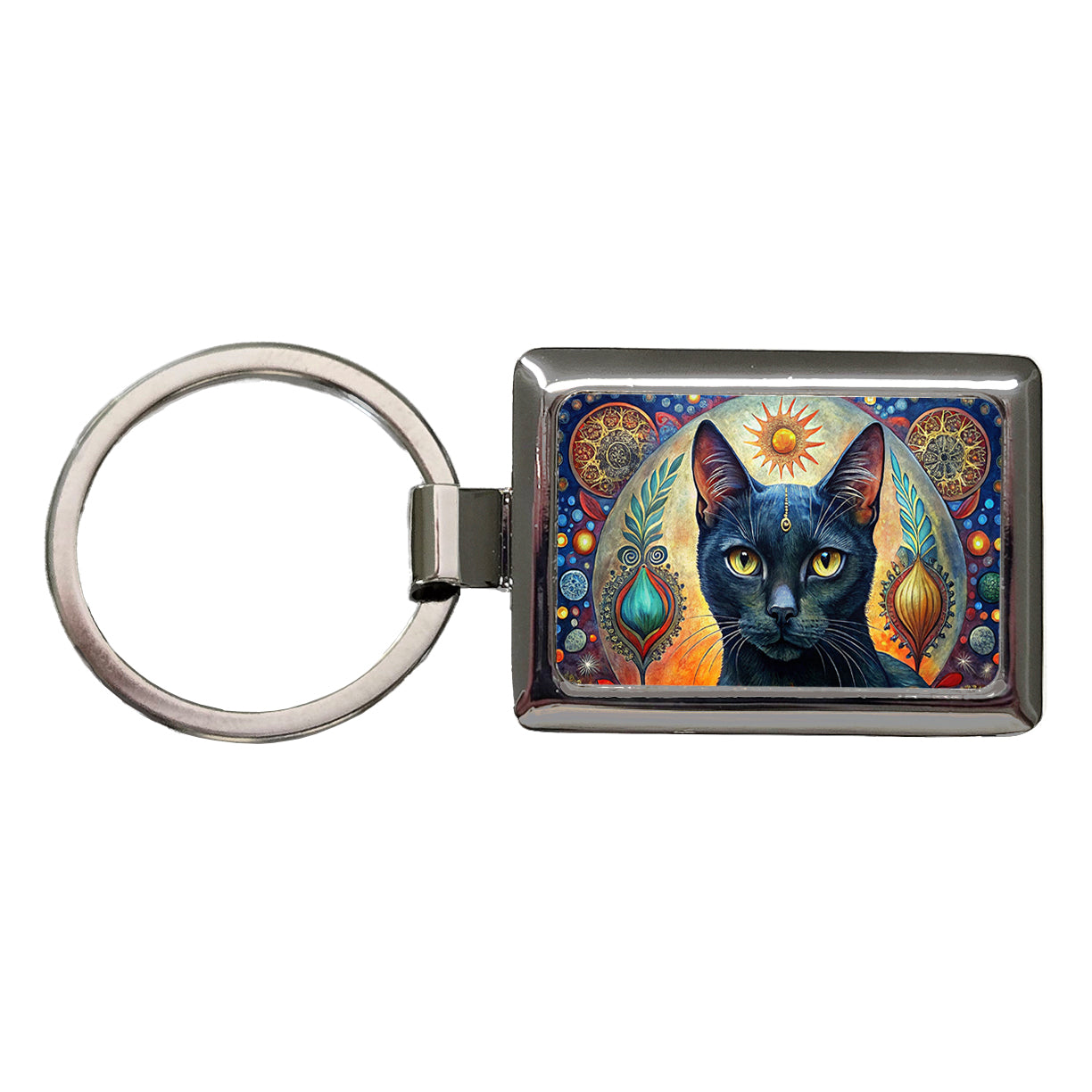 Black Cat Bohemian Art Rectangle Metal Keychain