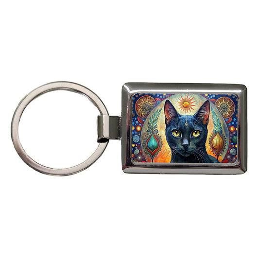 Black Cat Bohemian Art Rectangle Metal Keychain