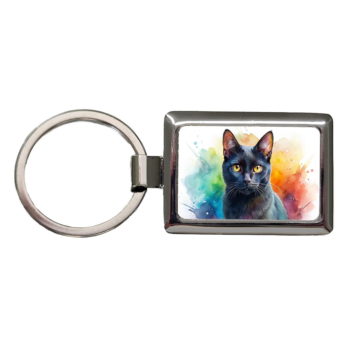 Black Cat Watercolor Style Rectangle Metal Keychain