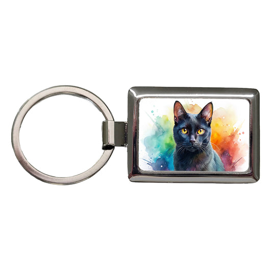 Black Cat Watercolor Style Rectangle Metal Keychain