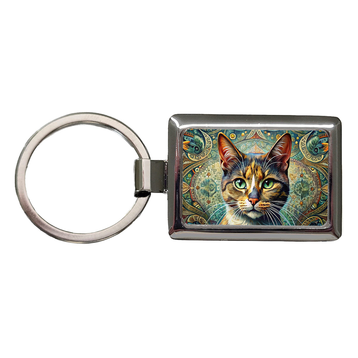 Calico Cat Bohemian Art Rectangle Metal Keychain