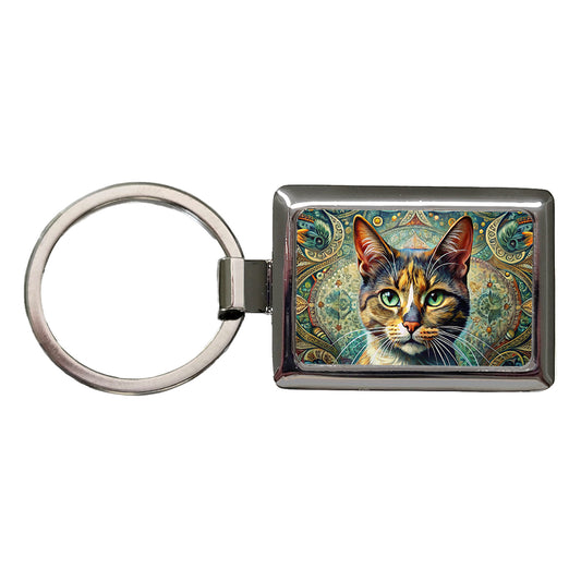 Calico Cat Bohemian Art Rectangle Metal Keychain