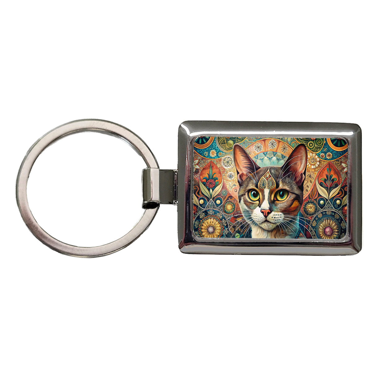 Calico Cat French Bohemian Art Rectangle Metal Keychain