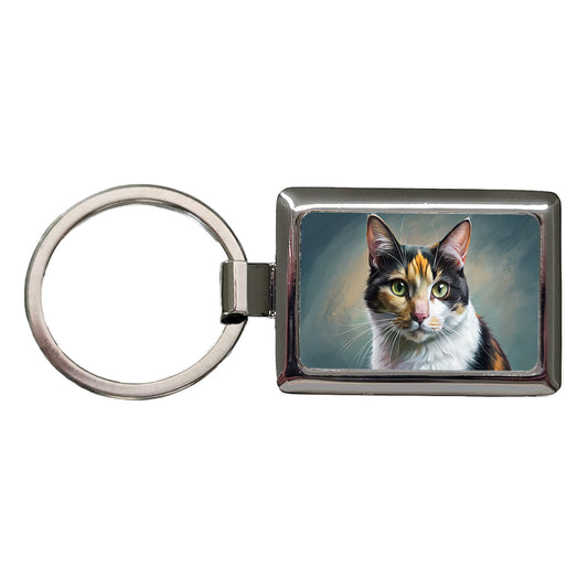 Calico Cat Illustration Rectangle Metal Keychain