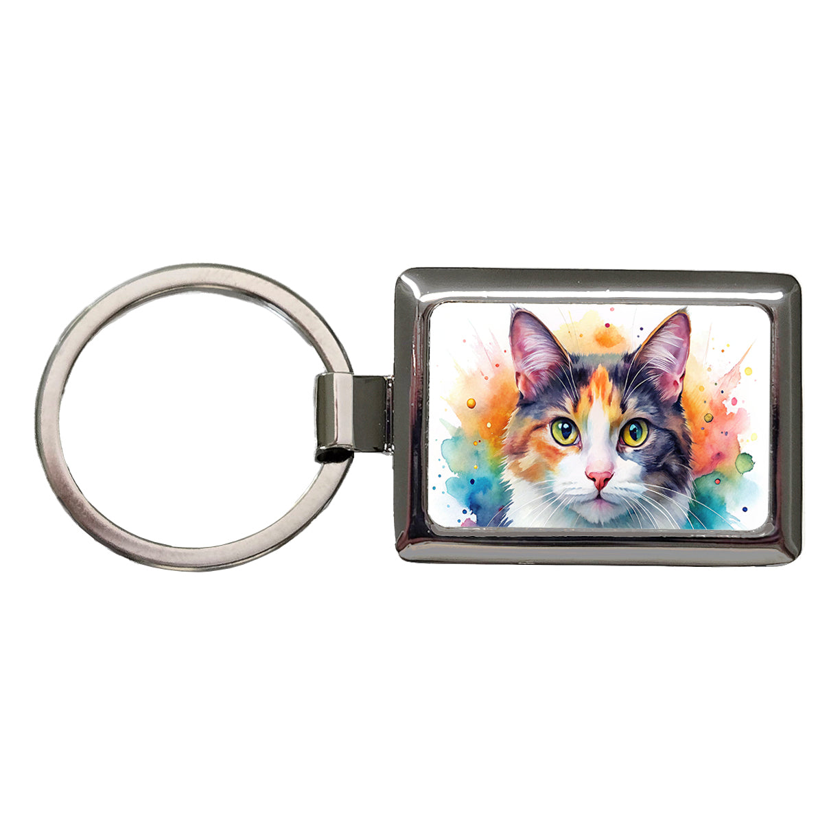 Calico Cat Watercolor Style Rectangle Metal Keychain