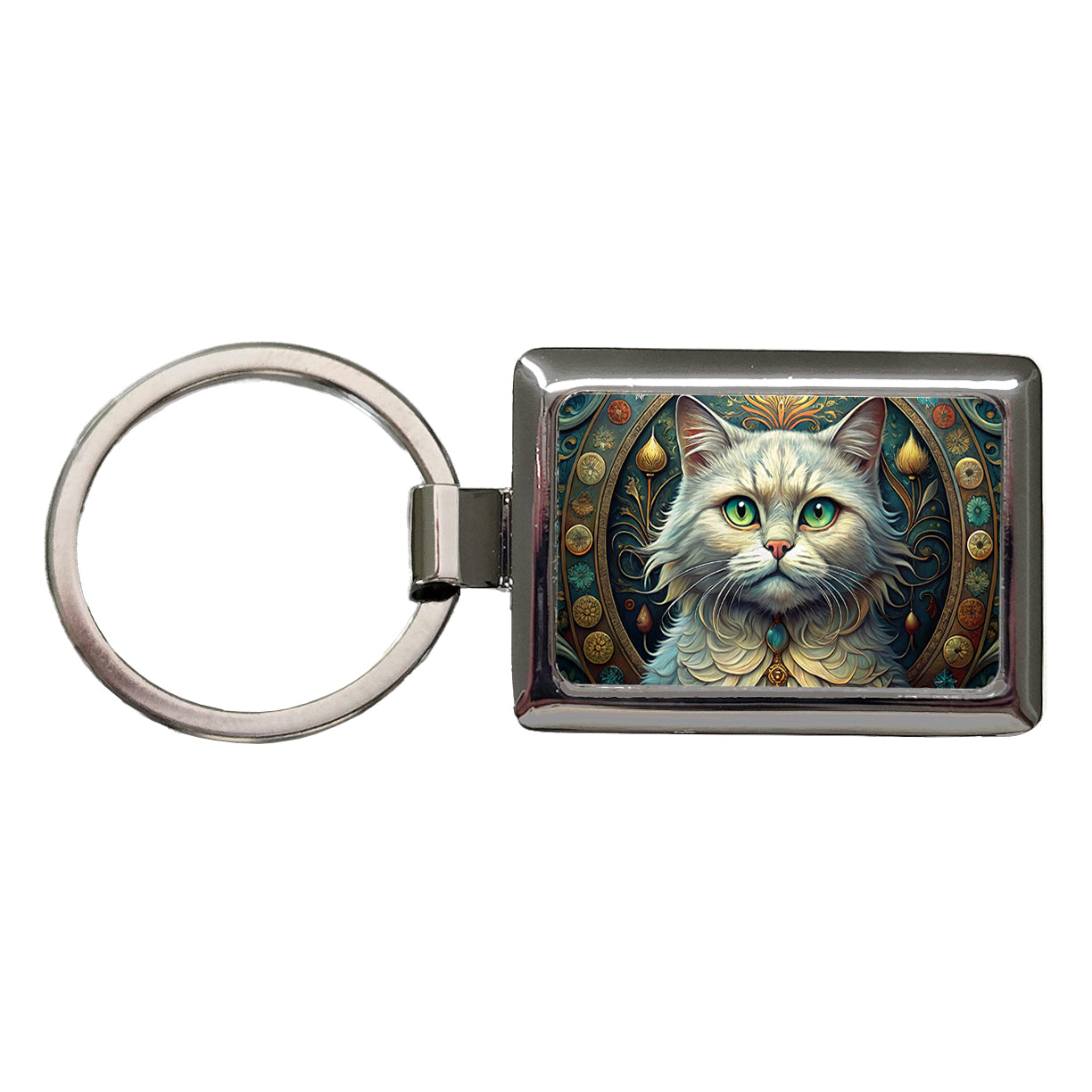 Persian Cat Art Nouveau Rectangle Metal Keychain