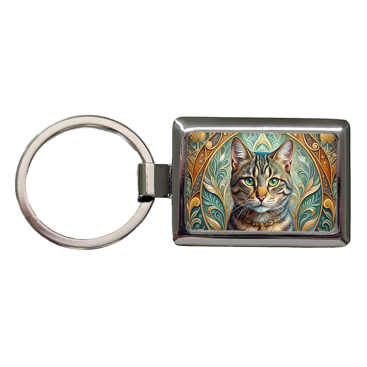 Tabby Cat Art Nouveau Rectangle Metal Keychain