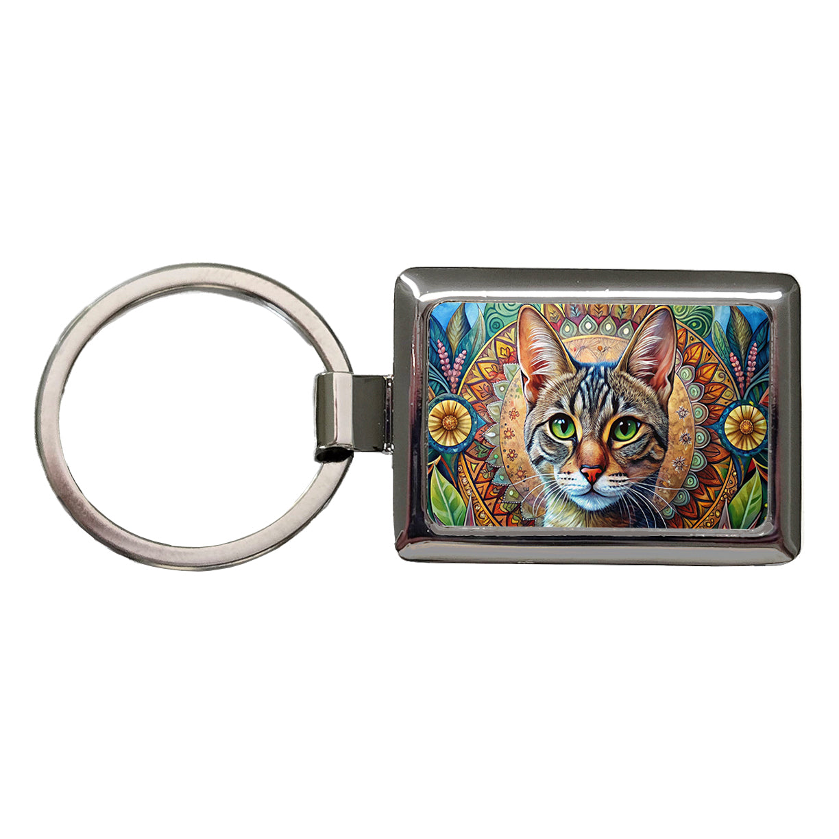 Tabby Cat Bohemian Art Rectangle Metal Keychain