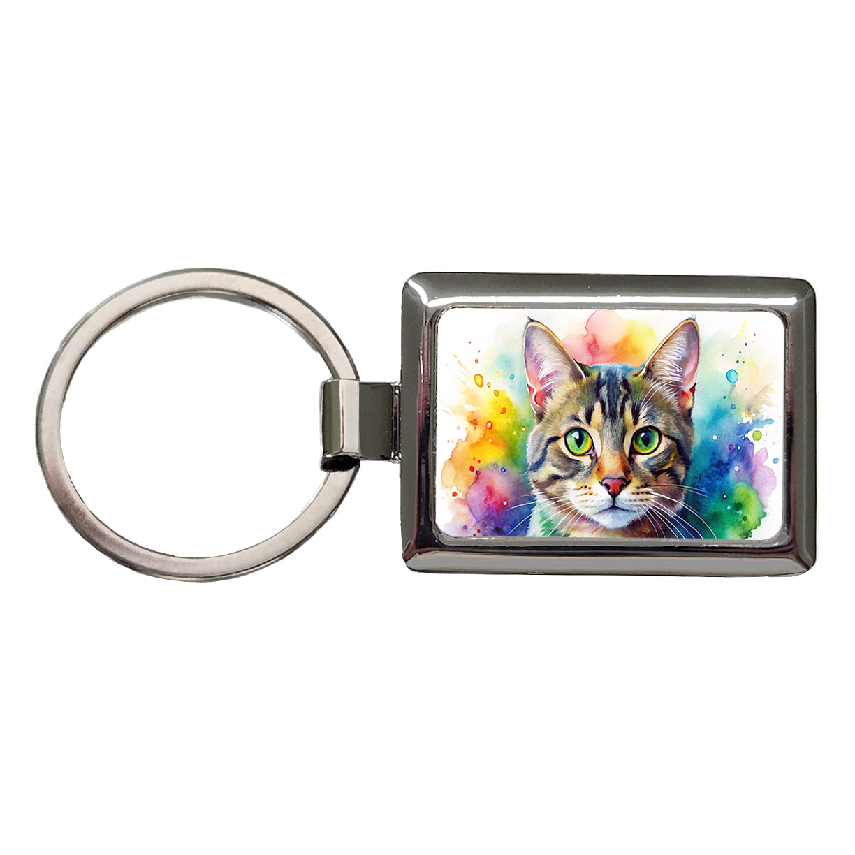 Tabby Cat Watercolor Style Rectangle Metal Keychain