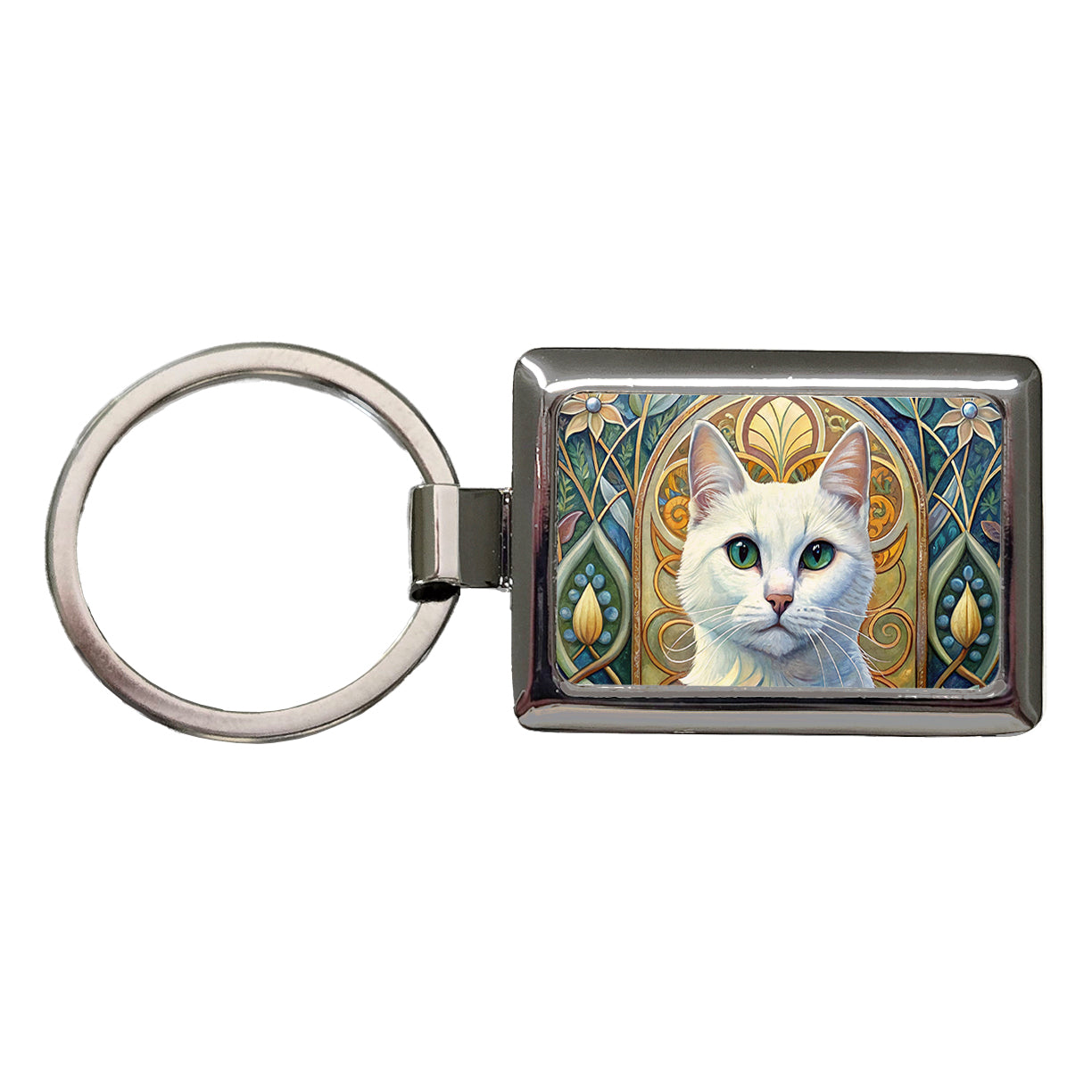 White Cat Art Nouveau Rectangle Metal Keychain