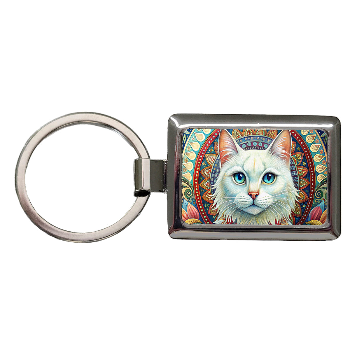 White Cat Bohemian Art Rectangle Metal Keychain