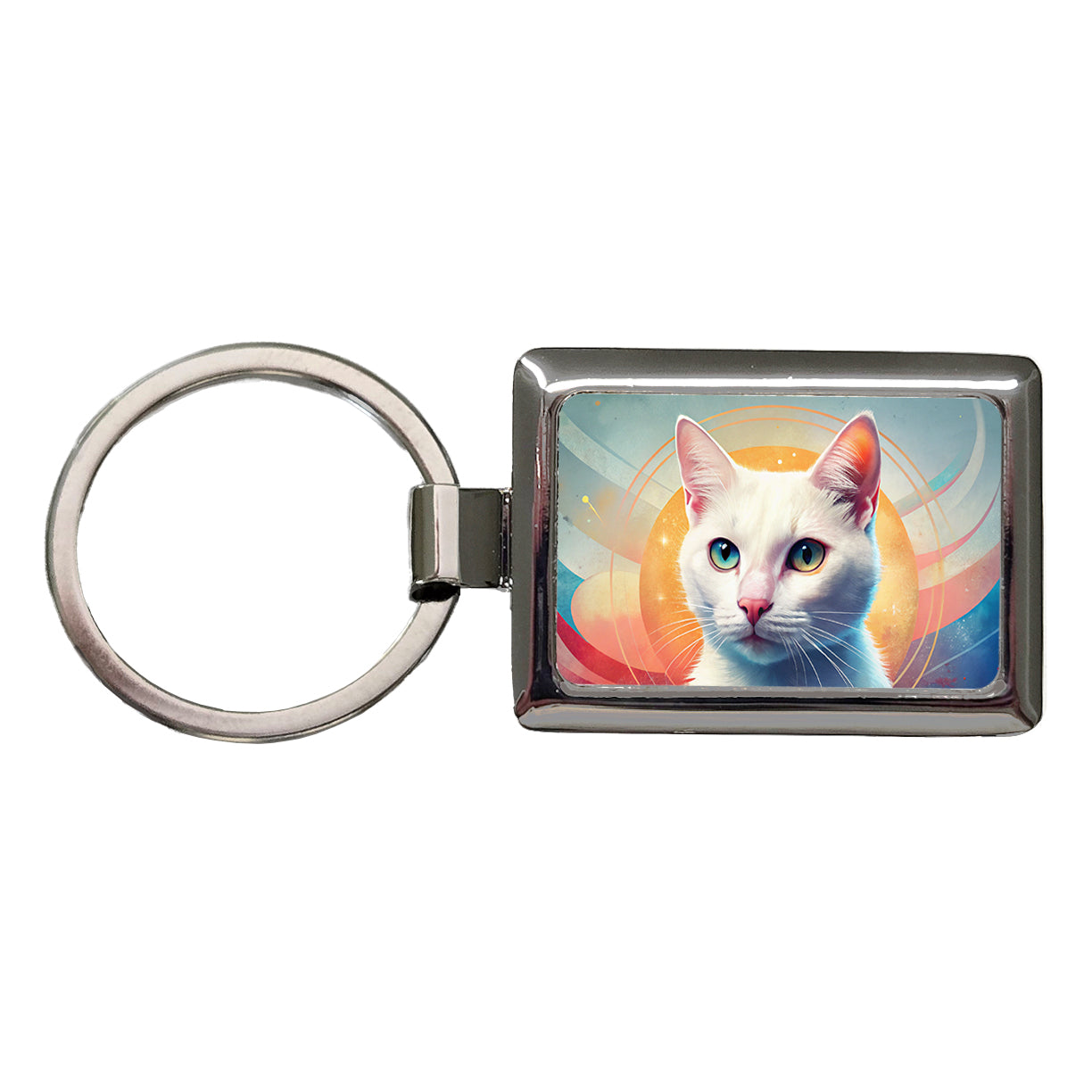White Cat Contemporary Art Rectangle Metal Keychain