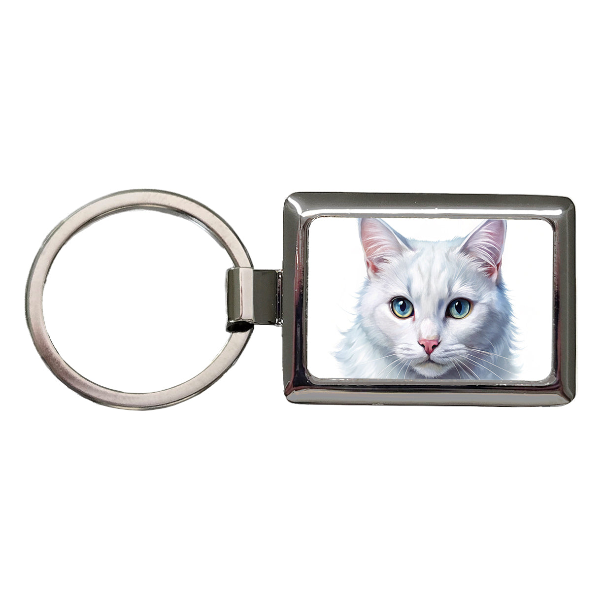 White Cat Illustration Rectangle Metal Keychain