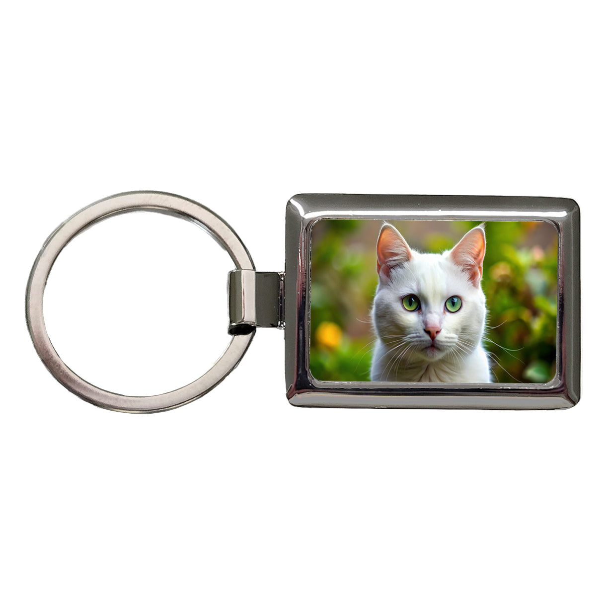 White Cat Photo Rectangle Metal Keychain