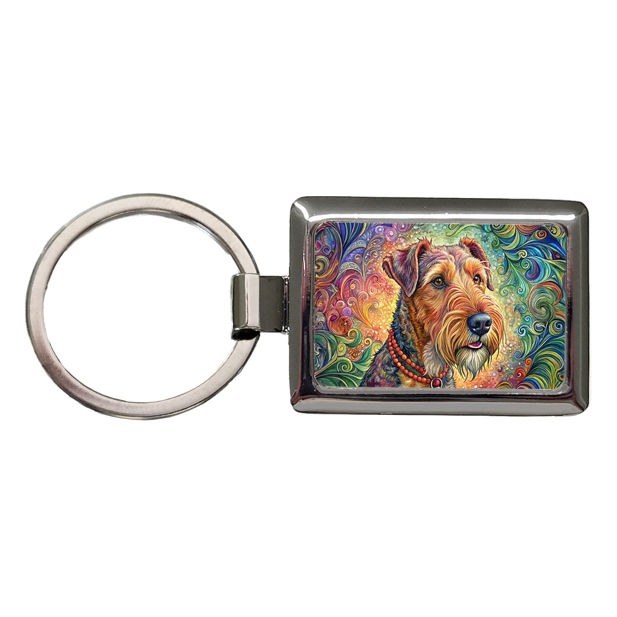 Airedale Terrier Dog French Bohemian Art Rectangle Metal Keychain