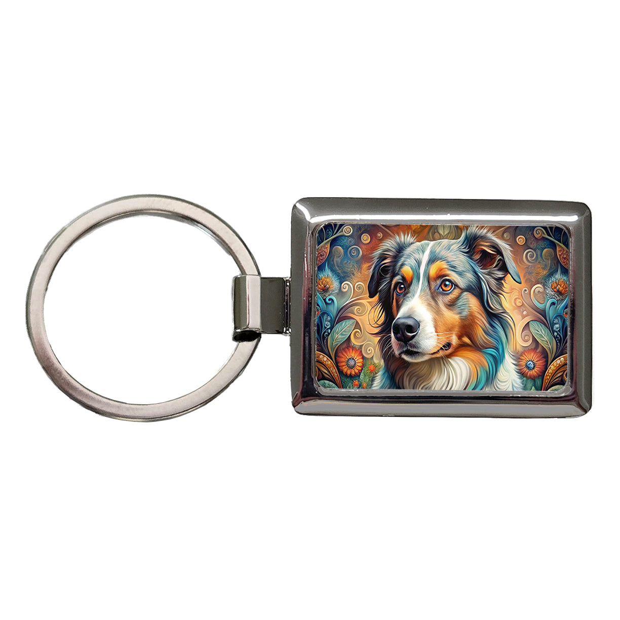 Australian Shepherd Dog Bohemian Art Rectangle Metal Keychain
