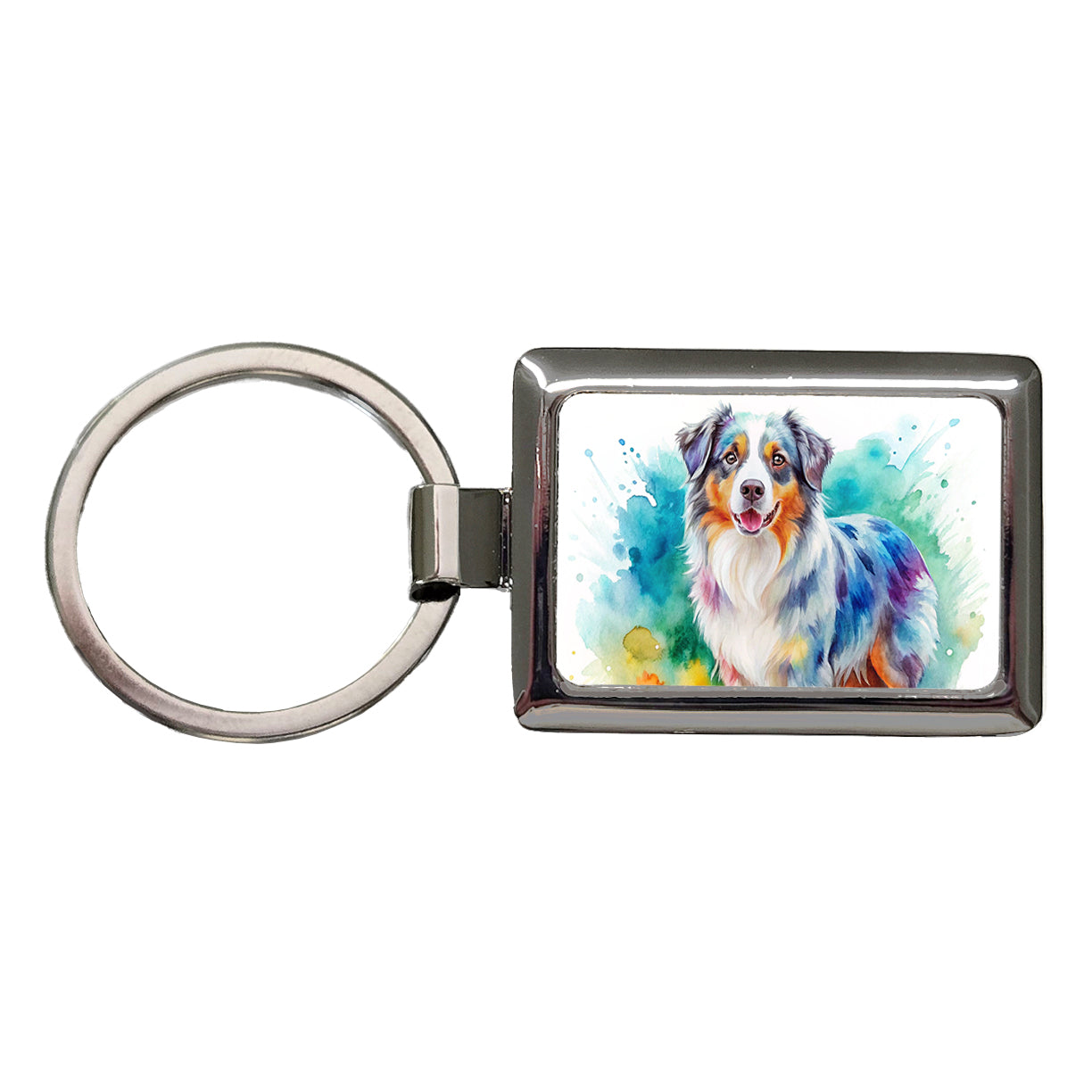 Australian Shepherd Dog Watercolor Style Rectangle Metal Keychain