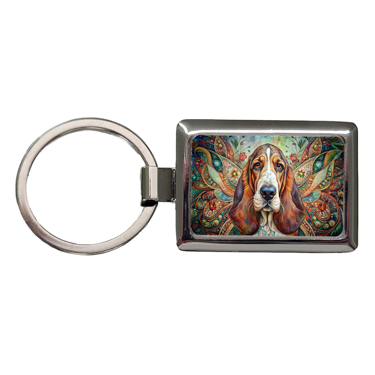 Basset Hound Dog Bohemian Art Rectangle Metal Keychain