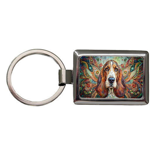 Basset Hound Dog Bohemian Art Rectangle Metal Keychain
