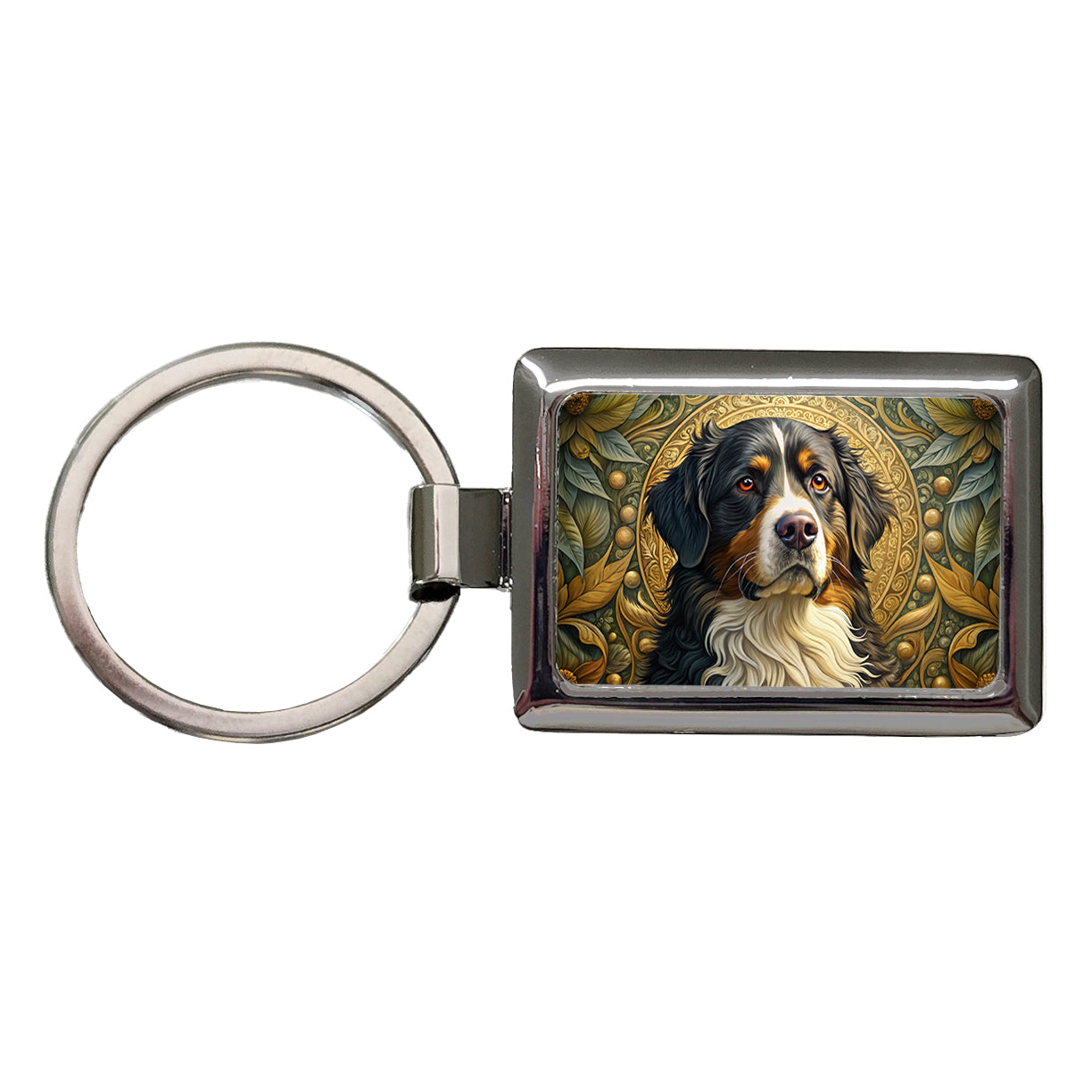 Bernese Mountain Dog Art Nouveau Rectangle Metal Keychain