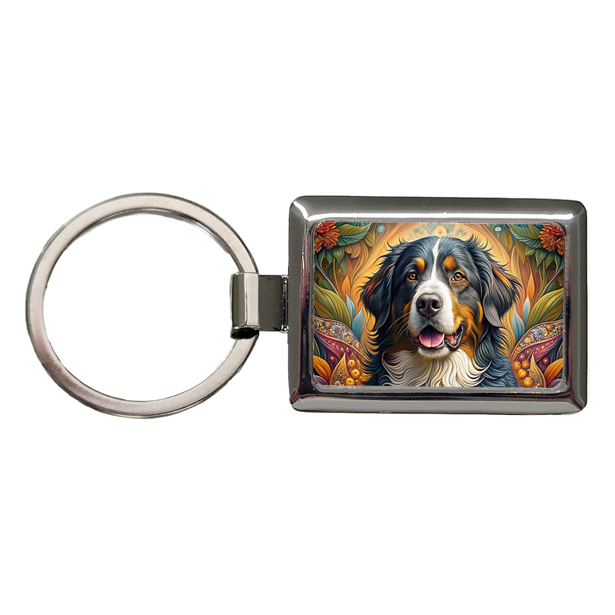 Bernese Mountain Dog Bohemian Art Rectangle Metal Keychain