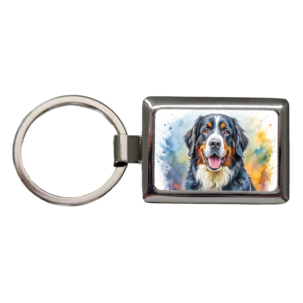 Bernese Mountain Dog Watercolor Style Rectangle Metal Keychain