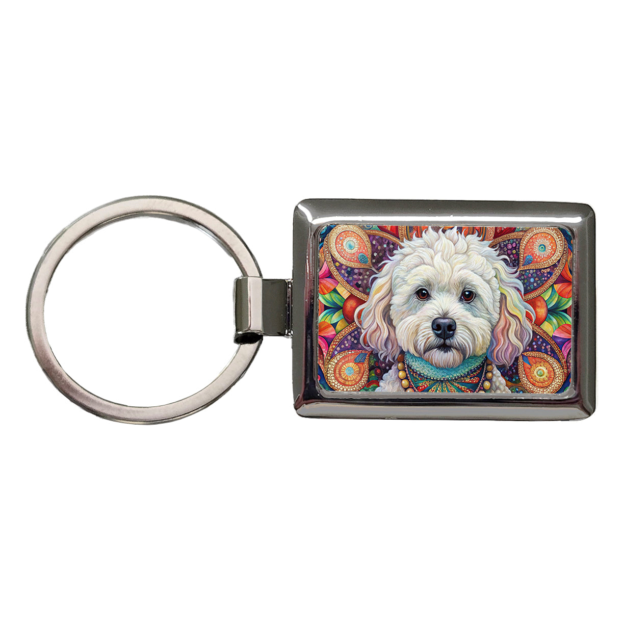 Bichon Frise Dog Bohemian Art Rectangle Metal Keychain