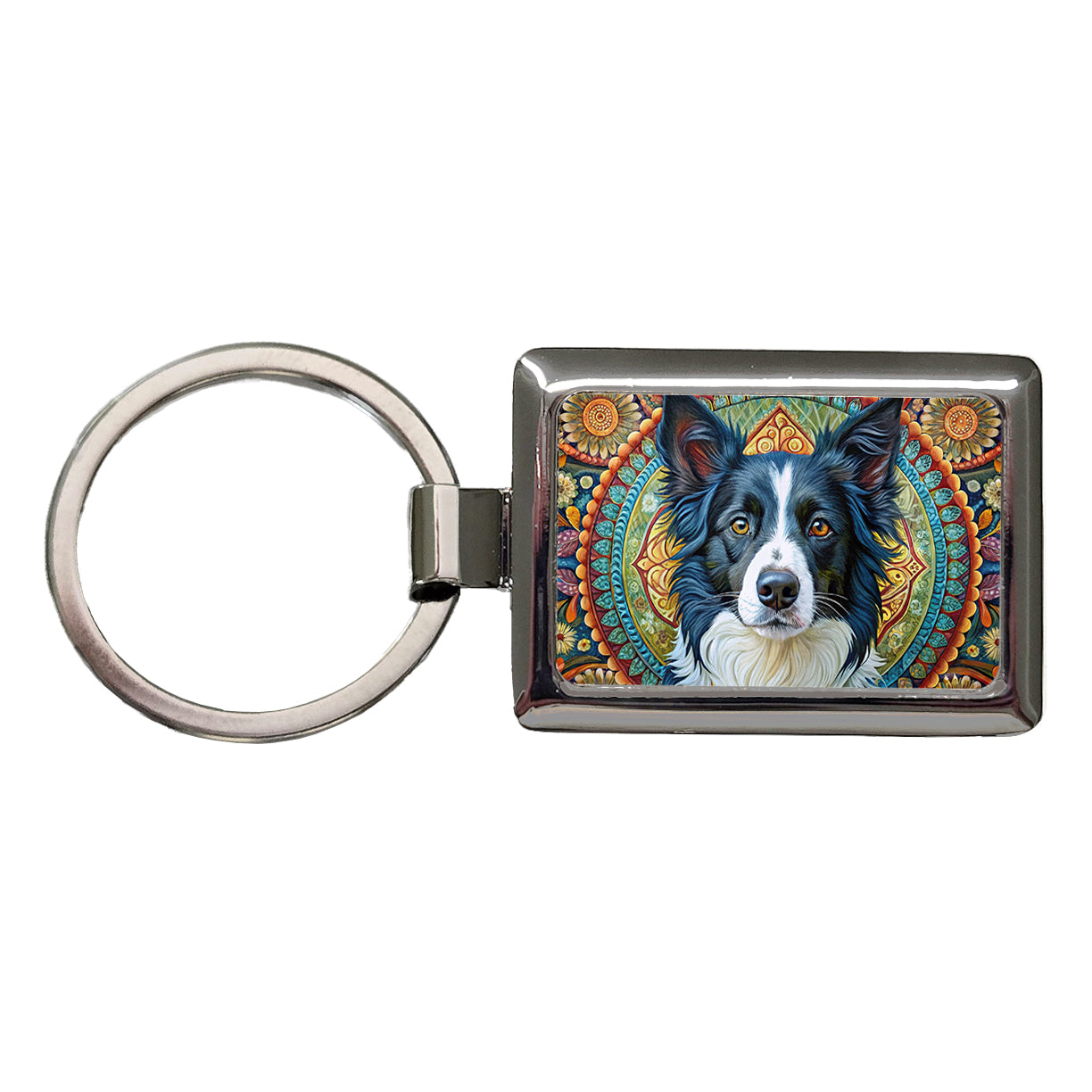 Border Collie Dog Bohemian Art Rectangle Metal Keychain