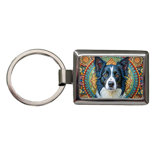 Border Collie Dog Bohemian Art Rectangle Metal Keychain