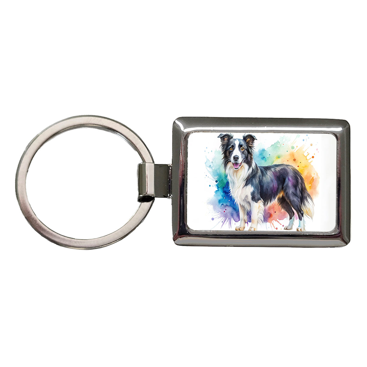 Border Collie Dog Watercolor Style Rectangle Metal Keychain