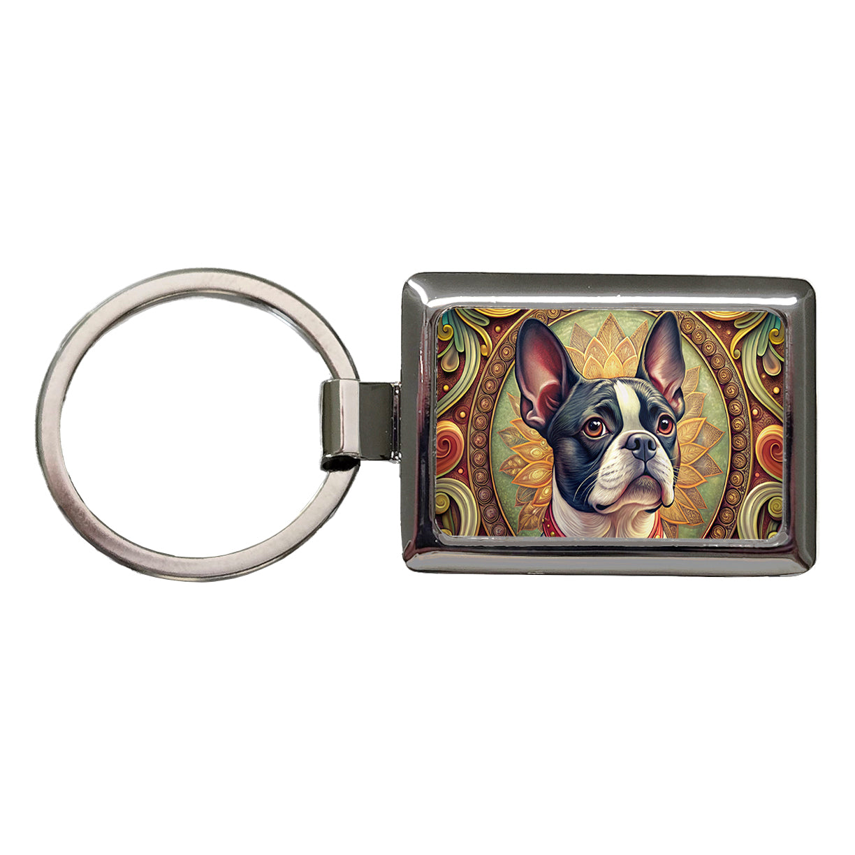 Boston Terrier Dog Art Nouveau Rectangle Metal Keychain