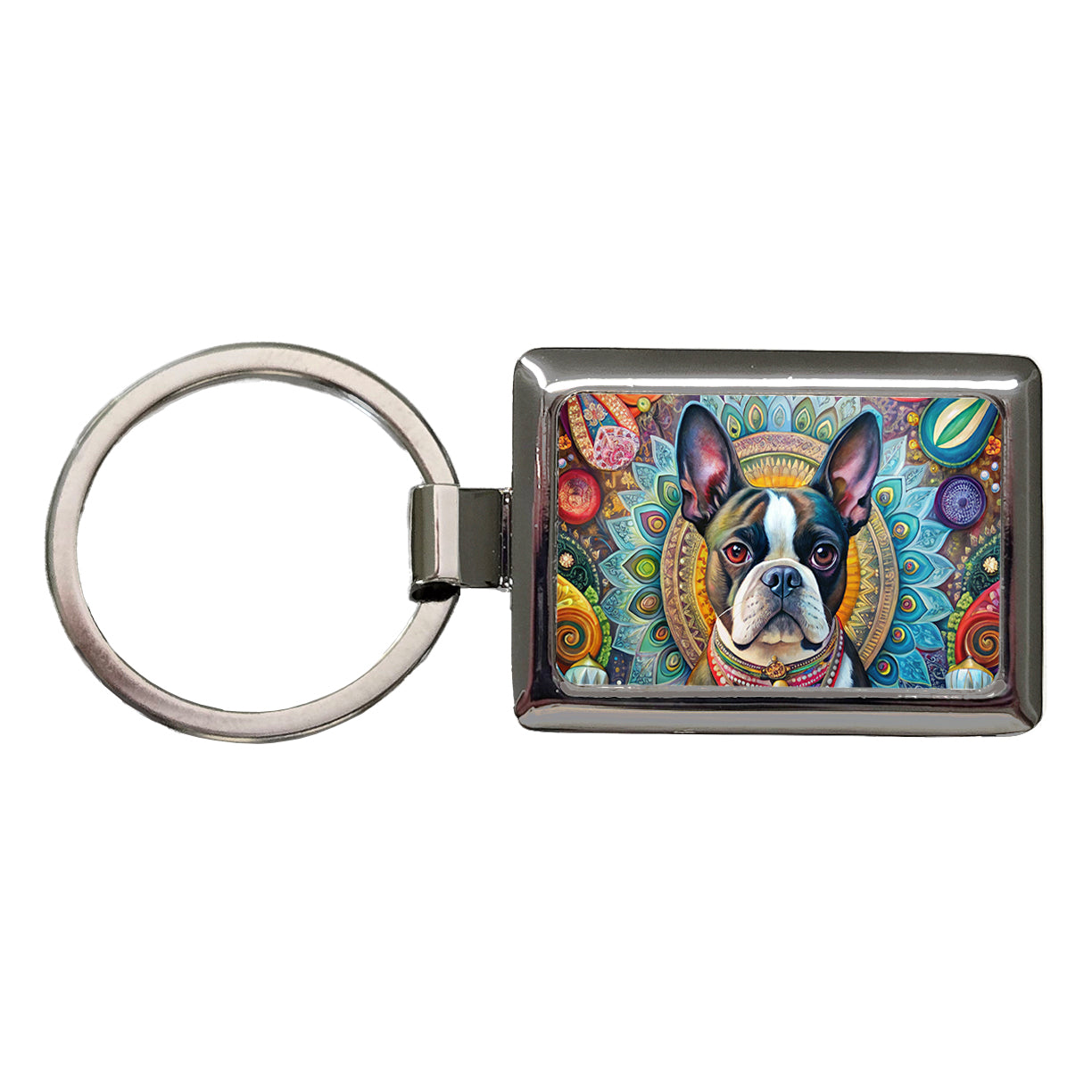 Boston Terrier Dog Bohemian Art Rectangle Metal Keychain