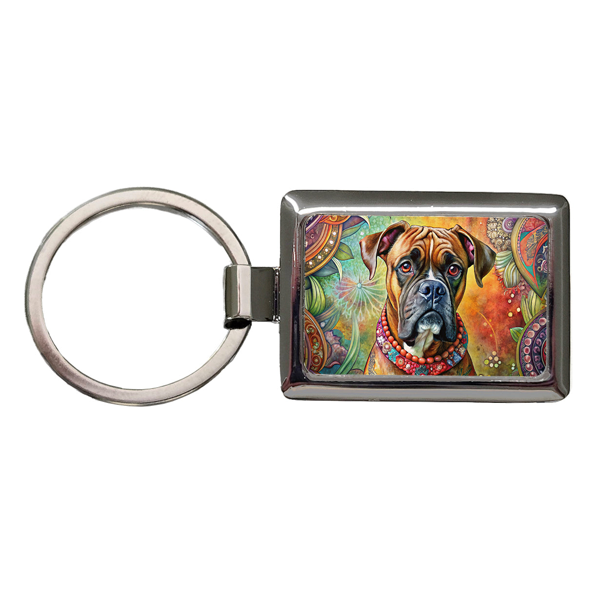 Boxer Dog Bohemian Art Rectangle Metal Keychain