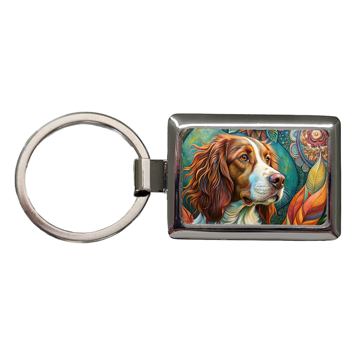 Brittany Spaniel Dog Bohemian Art Rectangle Metal Keychain