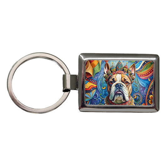 Bulldog Dog French Bohemian Art Rectangle Metal Keychain