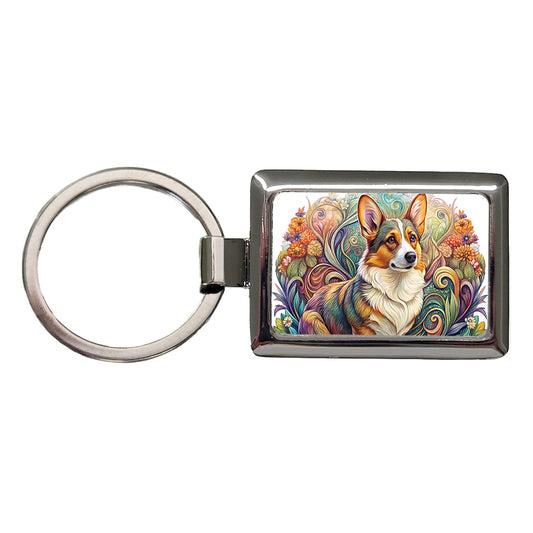 Cardigan Welsh Corgi Dog Art Nouveau Rectangle Metal Keychain