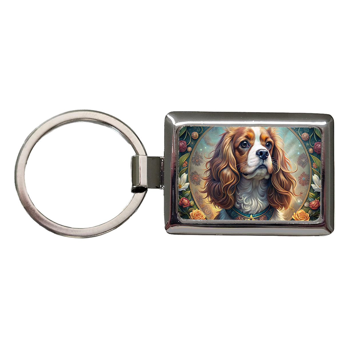 Cavalier King Charles Spaniel Dog Art Nouveau Rectangle Metal Keychain