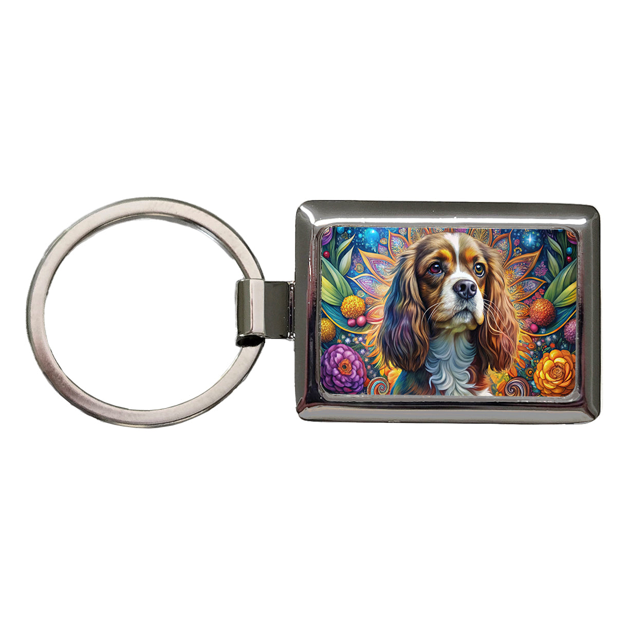 Cavalier King Charles Spaniel Dog Bohemian Art Rectangle Metal Keychain