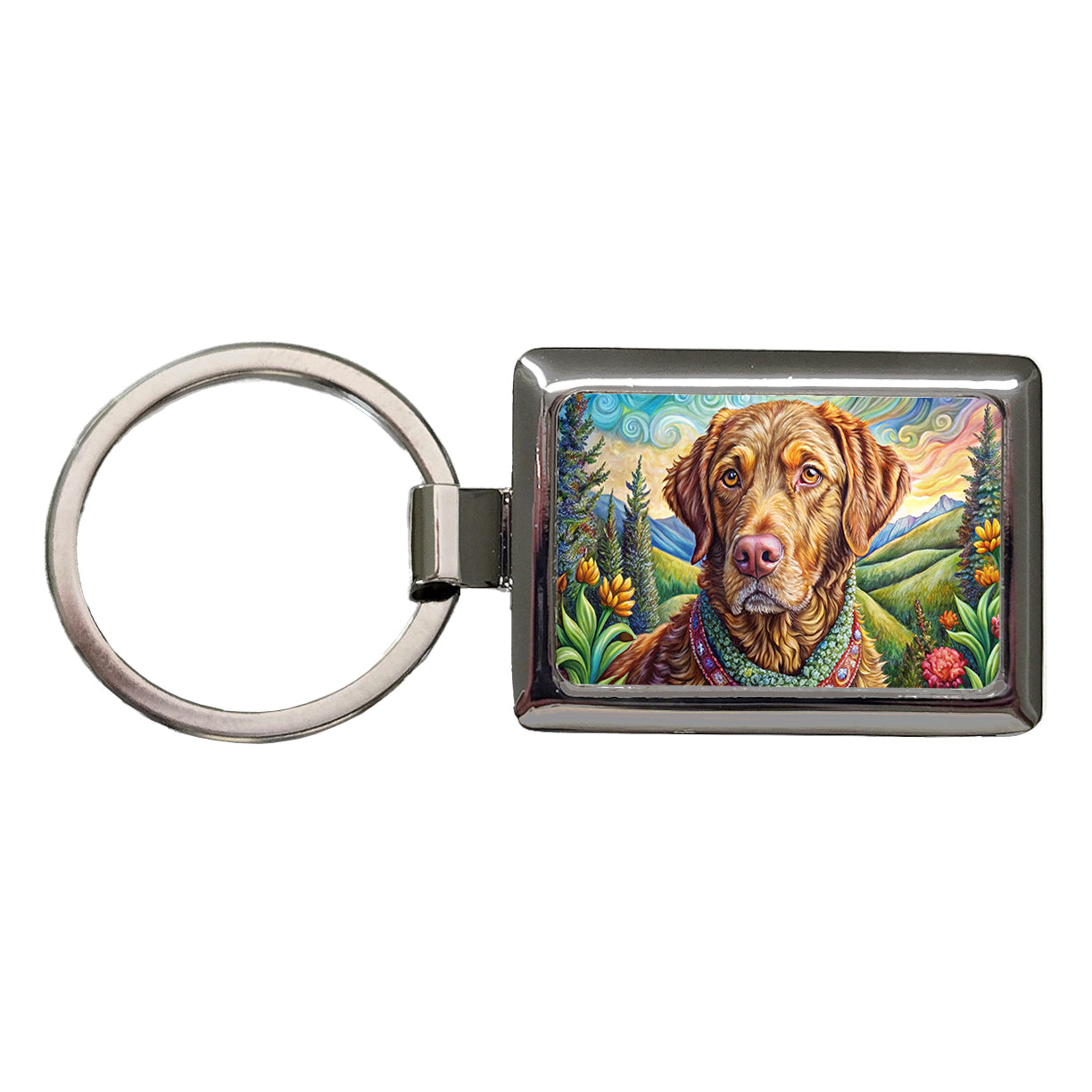 Chesapeake Bay Retriever Dog French Bohemian Art Rectangle Metal Keychain