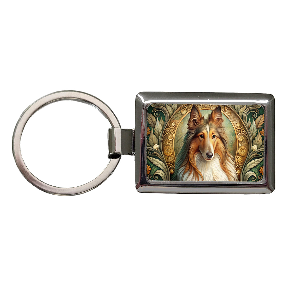 Collie Dog Art Nouveau Rectangle Metal Keychain